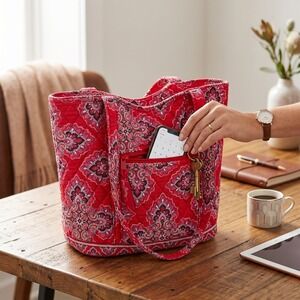 Vera Bradley Red Pink Paisley Quilted Tote Bag Boho Cottagecore Travel Carryall